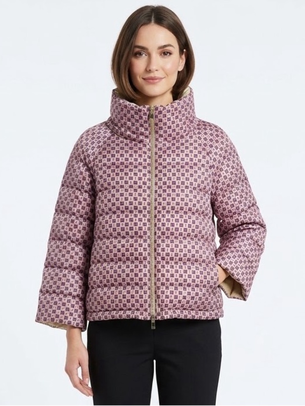 NEW Marella Sport Puffer Jacket Quilted Pink Pattern & Gold Size 4